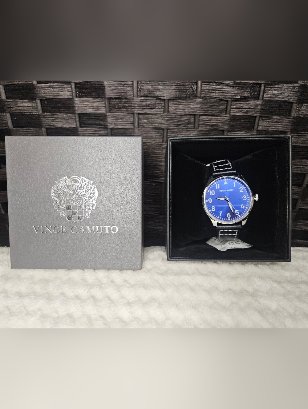 Vince Camuto Men's Bright Blue Dial Black Leather Strap Watch